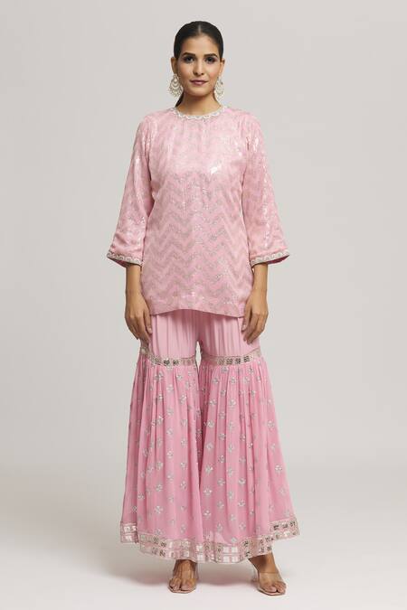 Kunwarani Ritu Pink Georgette Sequins Round Neck Chevron Embellished Kurta With Sharara Online at Aza Fashions Kunwarani Ritu_Pink Georgette Sequins Round Neck Chevron Embellished Kurta With Sharara _Online_at_Aza_Fashions