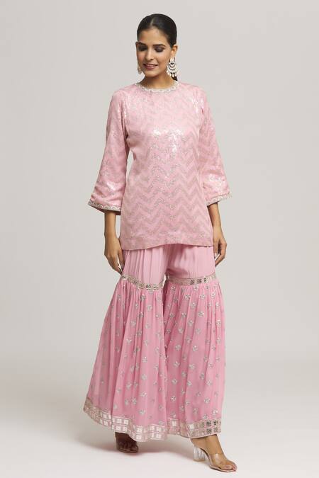 Buy Kunwarani Ritu Pink Georgette Sequins Round Neck Chevron Embellished Kurta With Sharara Online at Aza Fashions Buy_Kunwarani Ritu_Pink Georgette Sequins Round Neck Chevron Embellished Kurta With Sharara _Online_at_Aza_Fashions