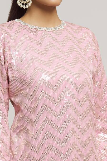 Shop Kunwarani Ritu Pink Georgette Sequins Round Neck Chevron Embellished Kurta With Sharara Online at Aza Fashions Shop_Kunwarani Ritu_Pink Georgette Sequins Round Neck Chevron Embellished Kurta With Sharara _Online_at_Aza_Fashions