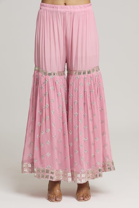 Kunwarani Ritu Pink Georgette Sequins Round Neck Chevron Embellished Kurta With Sharara at Aza Fashions Kunwarani Ritu_Pink Georgette Sequins Round Neck Chevron Embellished Kurta With Sharara _at_Aza_Fashions