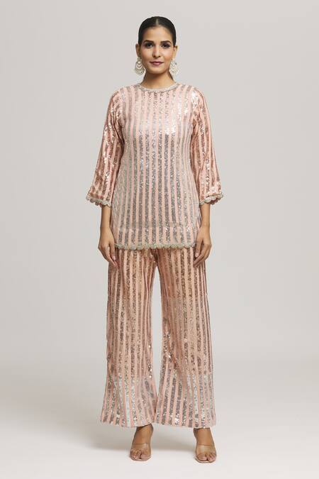 Kunwarani Ritu Peach Georgette Embellished Sequins Round Neck Long Top With Pant Online at Aza Fashions Kunwarani Ritu_Peach Georgette Embellished Sequins Round Neck Long Top With Pant _Online_at_Aza_Fashions