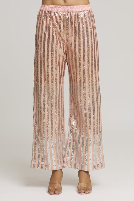 Kunwarani Ritu Peach Georgette Embellished Sequins Round Neck Long Top With Pant at Aza Fashions Kunwarani Ritu_Peach Georgette Embellished Sequins Round Neck Long Top With Pant _at_Aza_Fashions