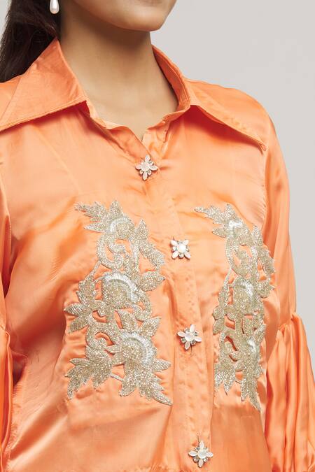 Buy Kunwarani Ritu Peach Satin Embroidery Floral Collared Placement Shirt With Pant Online at Aza Fashions Buy_Kunwarani Ritu_Peach Satin Embroidery Floral Collared Placement Shirt With Pant _Online_at_Aza_Fashions