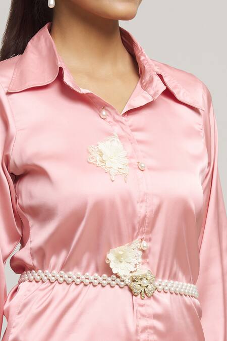 Buy Kunwarani Ritu Pink Satin Embroidery Collared 3d Placement Applique Shirt With Skirt Online at Aza Fashions Buy_Kunwarani Ritu_Pink Satin Embroidery Collared 3d Placement Applique Shirt With Skirt _Online_at_Aza_Fashions