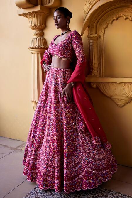 Chamee And Palak Red Organza, Silk Sequins, Embroidery Sweetheart Neck Alicia Bridal Lehenga Set Online at Aza Fashions Chamee And Palak_Red Organza, Silk Sequins, Embroidery Sweetheart Neck Alicia Bridal Lehenga Set _Online_at_Aza_Fashions