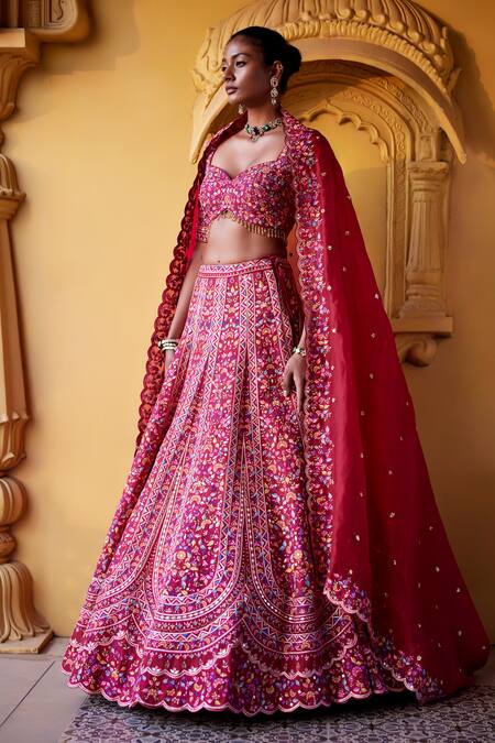 Shop Chamee And Palak Red Organza, Silk Sequins, Embroidery Sweetheart Neck Alicia Bridal Lehenga Set Online at Aza Fashions Shop_Chamee And Palak_Red Organza, Silk Sequins, Embroidery Sweetheart Neck Alicia Bridal Lehenga Set _Online_at_Aza_Fashions