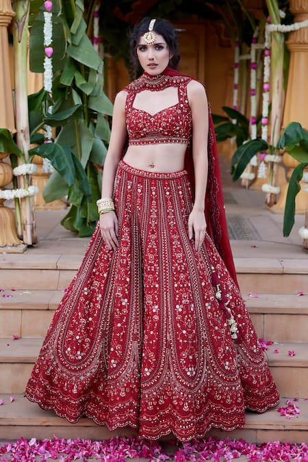 Chamee And Palak Red Silk, Organza Sequins, Cut Work, Zari, Amrita Embellished Bridal Lehenga Set 