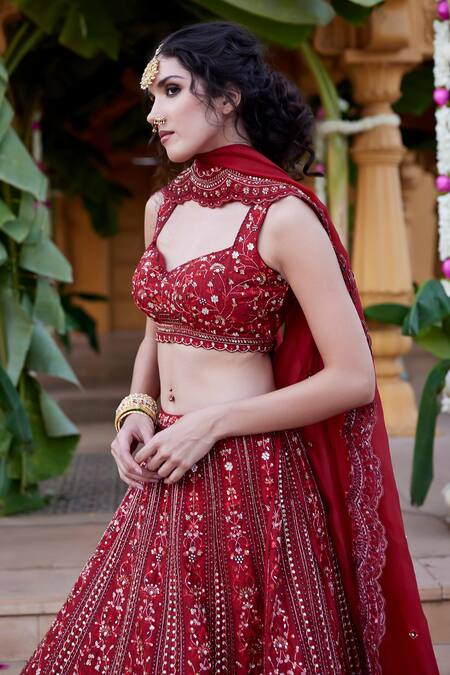 Chamee And Palak_Red Silk, Organza Sequins, Cut Work, Zari, Amrita Embellished Bridal Lehenga Set _Online_at_Aza_Fashions