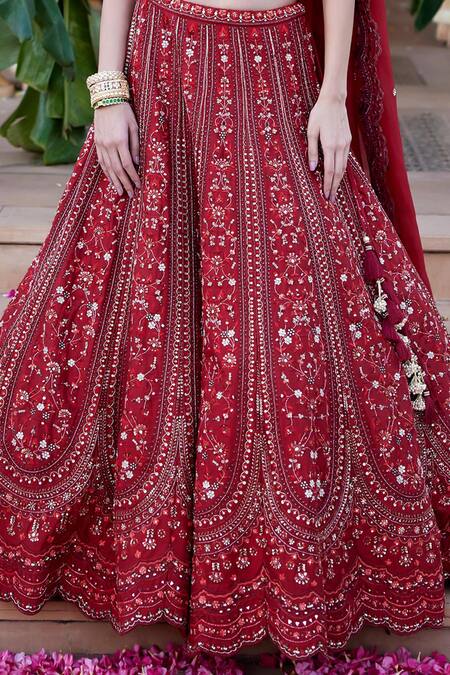 Buy_Chamee And Palak_Red Silk, Organza Sequins, Cut Work, Zari, Amrita Embellished Bridal Lehenga Set _Online_at_Aza_Fashions