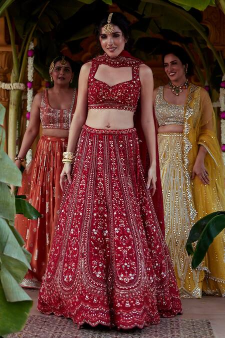 Shop_Chamee And Palak_Red Silk, Organza Sequins, Cut Work, Zari, Amrita Embellished Bridal Lehenga Set _Online_at_Aza_Fashions