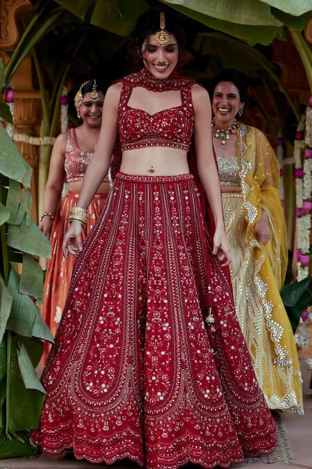 Chamee And Palak_Red Silk, Organza Sequins, Cut Work, Zari, Amrita Embellished Bridal Lehenga Set _at_Aza_Fashions
