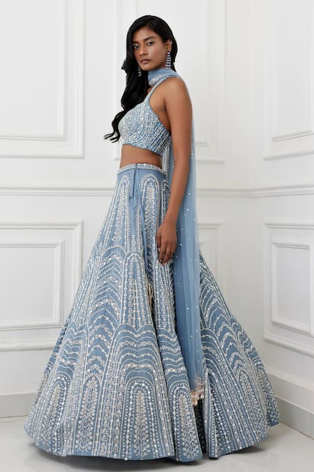 Shop_Chamee And Palak_Grey Silk, Organza, Net Anita Glass And Zardozi Embroidered Bridal Lehenga Set _Online_at_Aza_Fashions