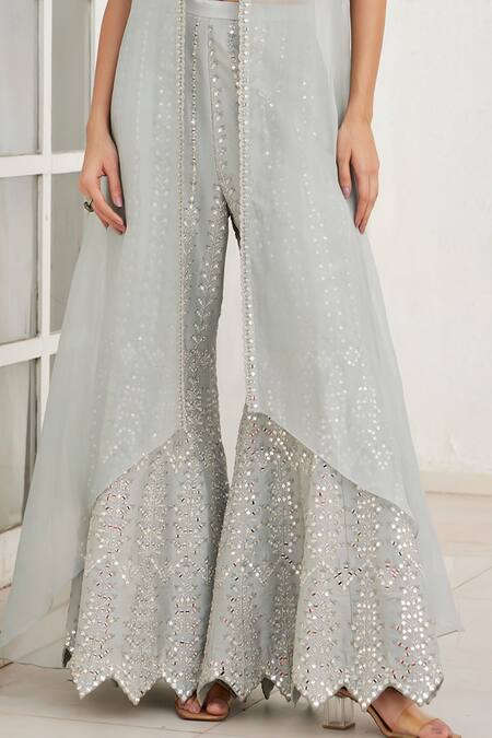 Shop_Chamee And Palak_Grey Silk, Organza Mirrors, Embroidery Halter Ava And Resham Blouse Cape Set _Online_at_Aza_Fashions