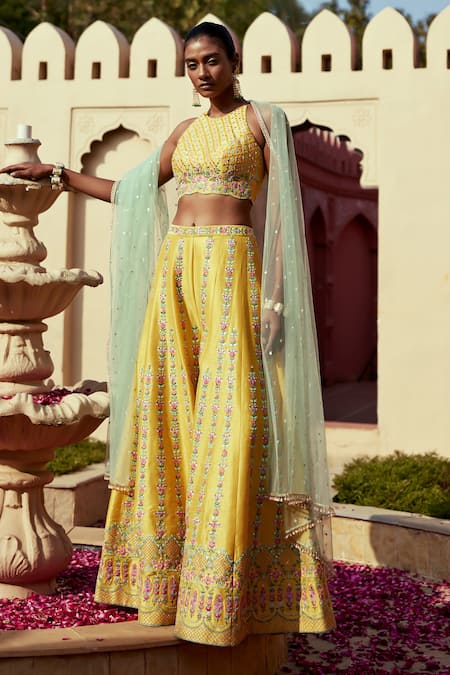 Chamee and Palak Yellow Dupion Silk Embroidered Blossom Mirror And Top Palazzo Set 