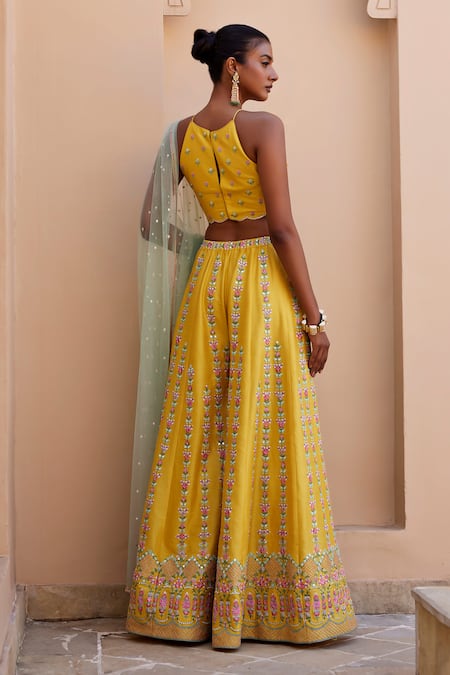 Chamee And Palak_Yellow Net, Silk Embroidery, Mirrors Halter Blossom And Resham Top Palazzo Set _Online_at_Aza_Fashions