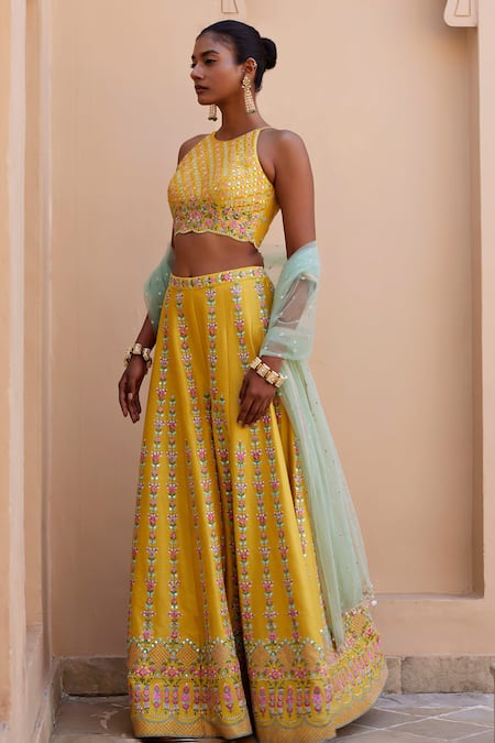 Buy_Chamee And Palak_Yellow Net, Silk Embroidery, Mirrors Halter Blossom And Resham Top Palazzo Set _Online_at_Aza_Fashions