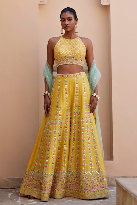 Shop_Chamee And Palak_Yellow Net, Silk Embroidery, Mirrors Halter Blossom And Resham Top Palazzo Set _Online_at_Aza_Fashions