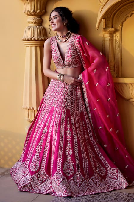Chamee And Palak_Pink Silk, Organza Zari, Devi Zardozi And Kundan Embellished Bridal Lehenga Set _Online_at_Aza_Fashions