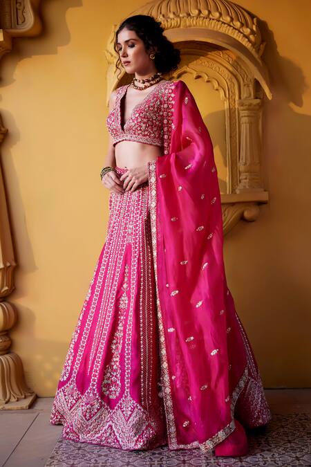 Shop_Chamee And Palak_Pink Silk, Organza Zari, Devi Zardozi And Kundan Embellished Bridal Lehenga Set _Online_at_Aza_Fashions