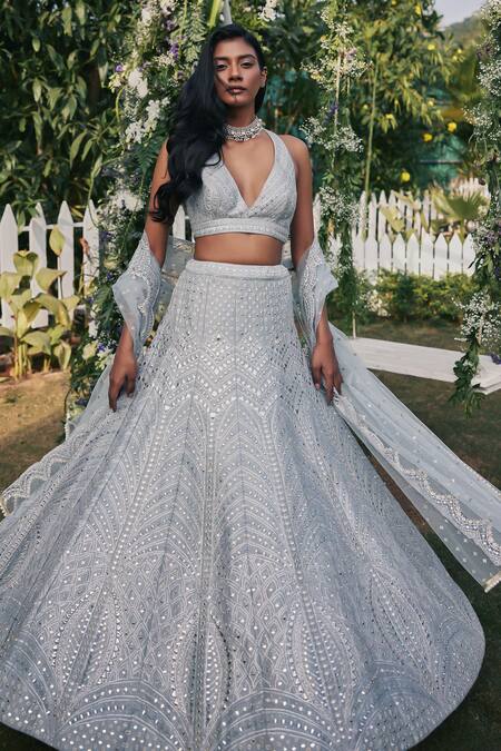 Chamee And Palak_Grey Silk, Net, Tulle Mirrors, Janice And Leather Work Bridal Lehenga Set _Online_at_Aza_Fashions