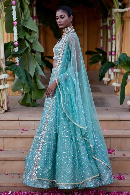 Chamee And Palak_Green Net, Silk Embroidery, Mirrors, Zari, Kamini Geometric Bridal Lehenga Set _Online_at_Aza_Fashions