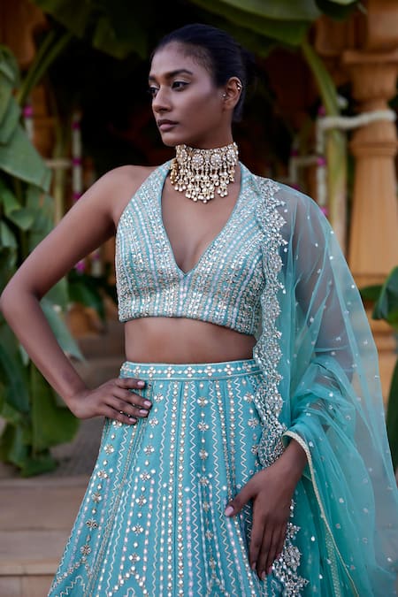 Buy_Chamee And Palak_Green Net, Silk Embroidery, Mirrors, Zari, Kamini Geometric Bridal Lehenga Set _Online_at_Aza_Fashions