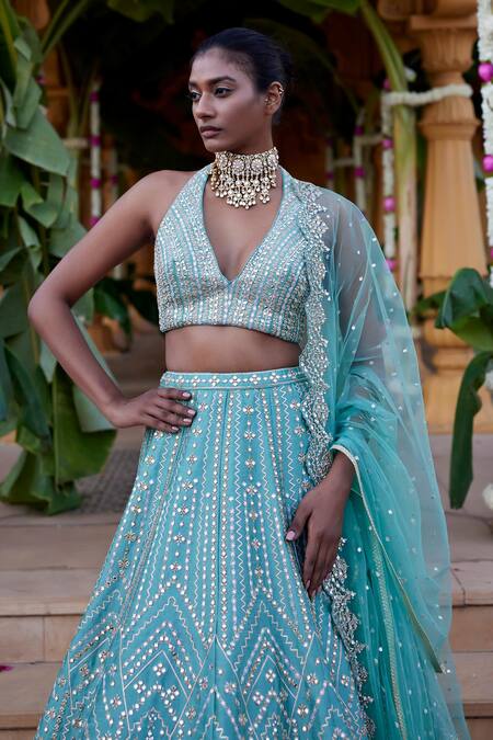 Shop_Chamee And Palak_Green Net, Silk Embroidery, Mirrors, Zari, Kamini Geometric Bridal Lehenga Set _Online_at_Aza_Fashions