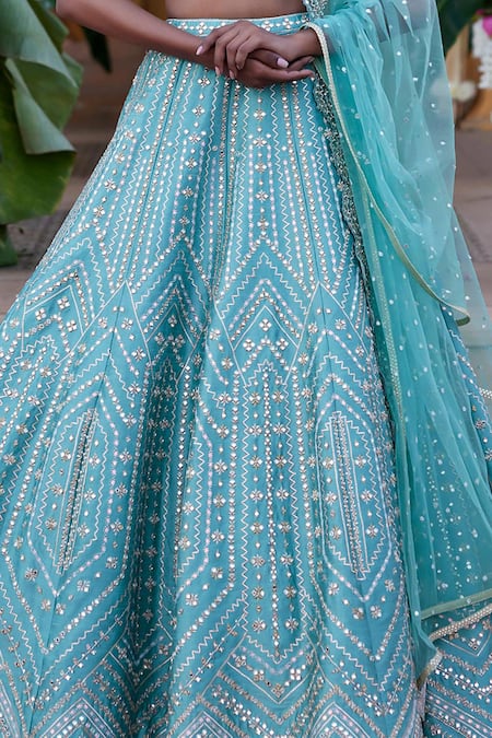 Chamee And Palak_Green Net, Silk Embroidery, Mirrors, Zari, Kamini Geometric Bridal Lehenga Set _at_Aza_Fashions