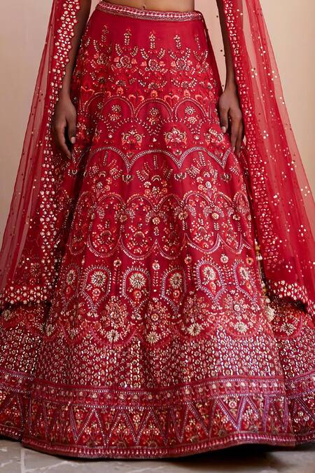 Buy Chamee And Palak Red Silk, Net Sequins, Embroidery V-neck Kate Thread And Work Bridal Lehenga Set Online at Aza Fashions Buy_Chamee And Palak_Red Silk, Net Sequins, Embroidery V-neck Kate Thread And Work Bridal Lehenga Set _Online_at_Aza_Fashions