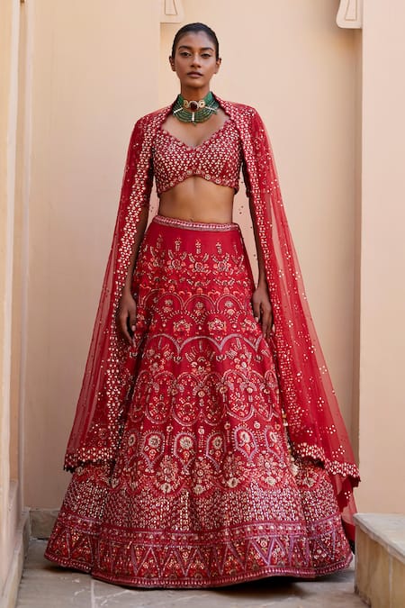 Buy Red Raw Silk Embroidered Thread Kate And Sequin Work Bridal Lehenga Set  For Women by Chamee and Palak Online at Aza Fashions.