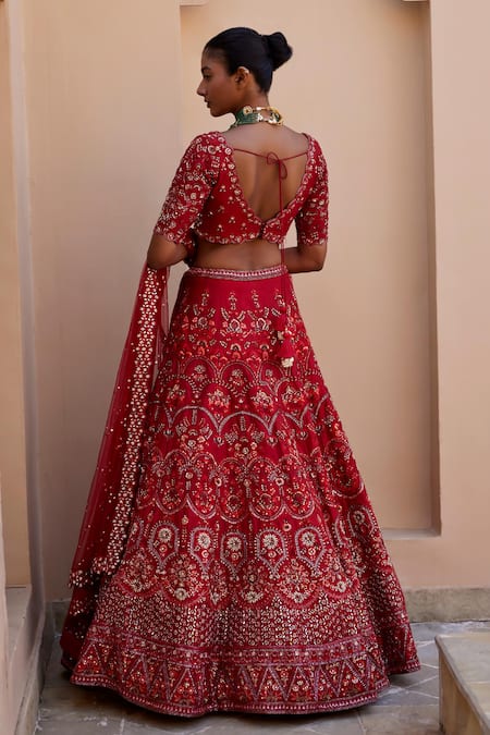 Chamee And Palak Red Silk, Net Sequins, Embroidery V-neck Kate Thread And Work Bridal Lehenga Set Online at Aza Fashions Chamee And Palak_Red Silk, Net Sequins, Embroidery V-neck Kate Thread And Work Bridal Lehenga Set _Online_at_Aza_Fashions