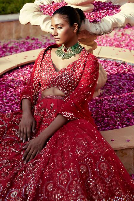 Shop Chamee And Palak Red Silk, Net Sequins, Embroidery V-neck Kate Thread And Work Bridal Lehenga Set Online at Aza Fashions Shop_Chamee And Palak_Red Silk, Net Sequins, Embroidery V-neck Kate Thread And Work Bridal Lehenga Set _Online_at_Aza_Fashions
