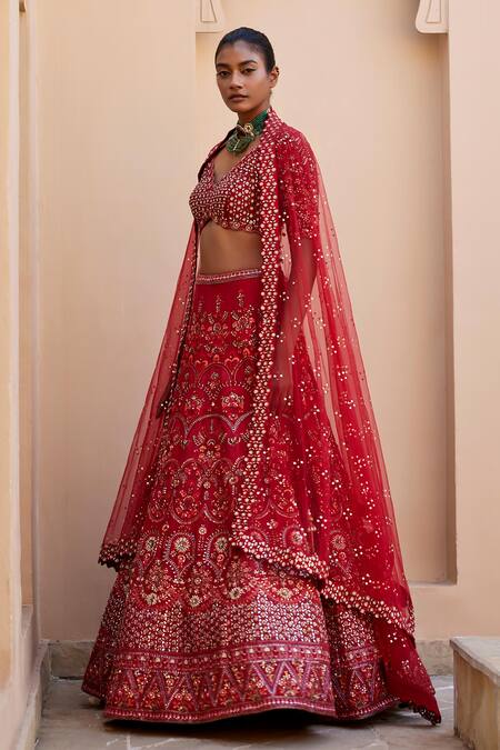 Chamee And Palak Red Silk, Net Sequins, Embroidery V-neck Kate Thread And Work Bridal Lehenga Set at Aza Fashions Chamee And Palak_Red Silk, Net Sequins, Embroidery V-neck Kate Thread And Work Bridal Lehenga Set _at_Aza_Fashions