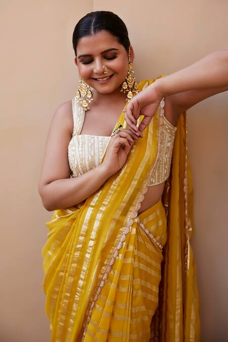 Chamee And Palak_Yellow Georgette, Silk Pearls, Beads Luna Embroidered Saree With Blouse _Online_at_Aza_Fashions