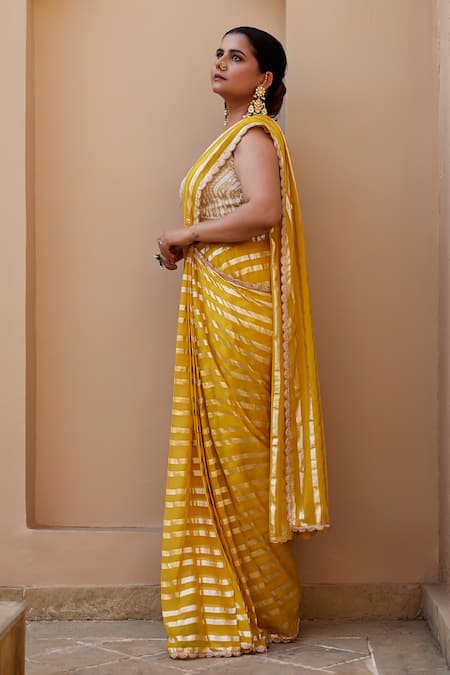 Buy_Chamee And Palak_Yellow Georgette, Silk Pearls, Beads Luna Embroidered Saree With Blouse _Online_at_Aza_Fashions