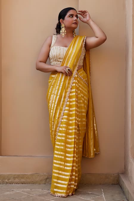Shop_Chamee And Palak_Yellow Georgette, Silk Pearls, Beads Luna Embroidered Saree With Blouse _Online_at_Aza_Fashions