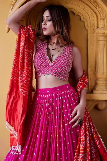 Shop Chamee And Palak Pink Silk, Georgette Sequins, Embroidery V-neck Mala Jamewar Lehenga Set Online at Aza Fashions Shop_Chamee And Palak_Pink Silk, Georgette Sequins, Embroidery V-neck Mala Jamewar Lehenga Set _Online_at_Aza_Fashions