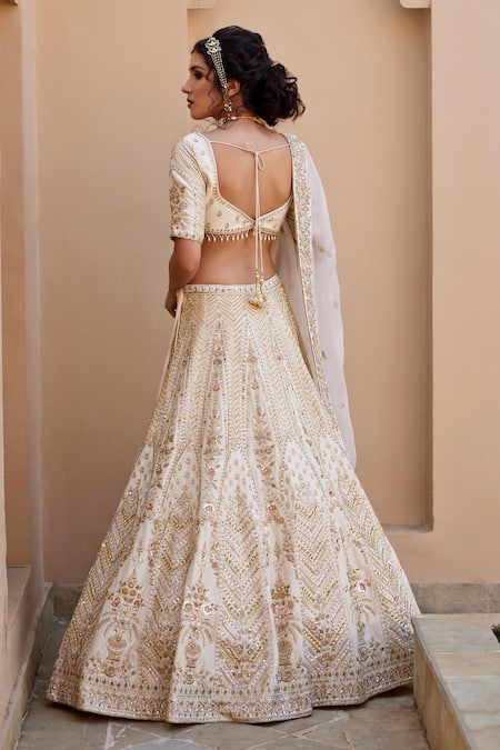 Chamee And Palak_Ivory Silk, Organza Zari, Meera Kundan And Zardozi Embellished Bridal Lehenga Set _Online_at_Aza_Fashions