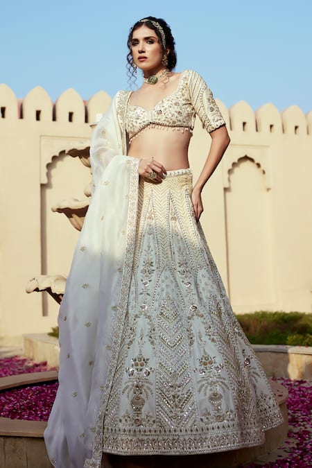 Buy_Chamee And Palak_Ivory Silk, Organza Zari, Meera Kundan And Zardozi Embellished Bridal Lehenga Set _Online_at_Aza_Fashions