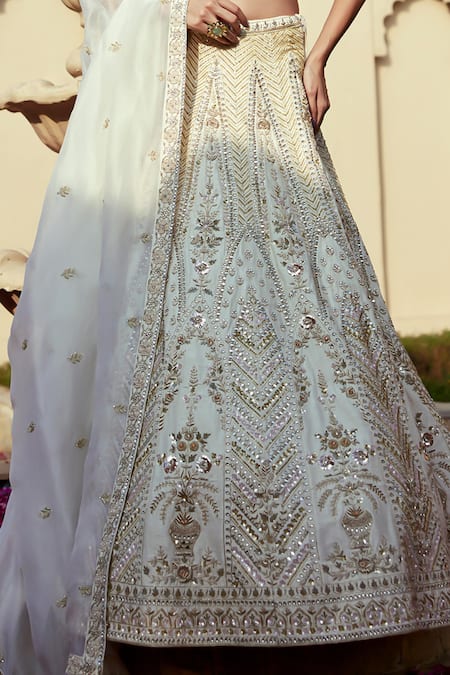 Shop_Chamee And Palak_Ivory Silk, Organza Zari, Meera Kundan And Zardozi Embellished Bridal Lehenga Set _Online_at_Aza_Fashions
