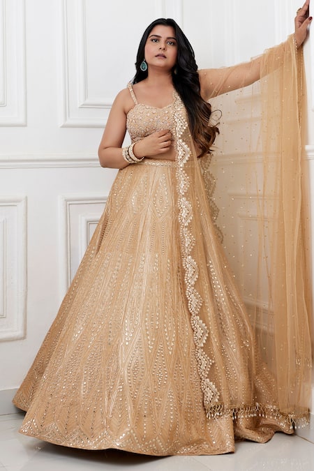 Chamee And Palak_Gold Silk, Net Pearls, Sequins, Mirrors, Mia And Work Bridal Lehenga Set _Online_at_Aza_Fashions