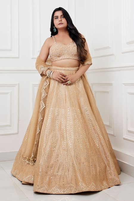 Shop_Chamee And Palak_Gold Silk, Net Pearls, Sequins, Mirrors, Mia And Work Bridal Lehenga Set _Online_at_Aza_Fashions
