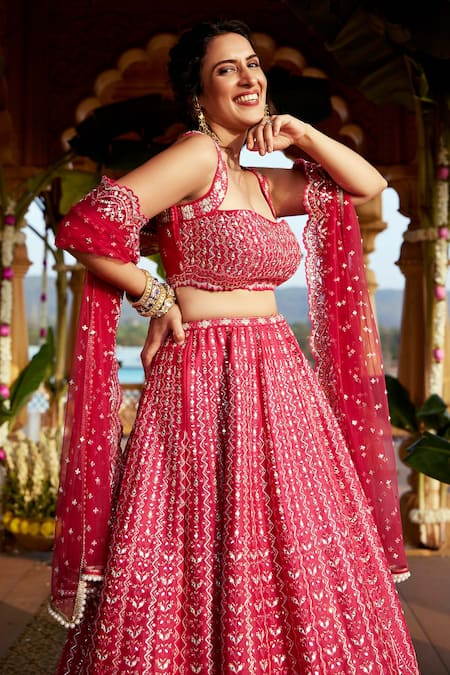 Shop_Chamee And Palak_Pink Silk, Tulle Mirrors, Embroidery Square Rani Nandini Bridal Lehenga Set _Online_at_Aza_Fashions