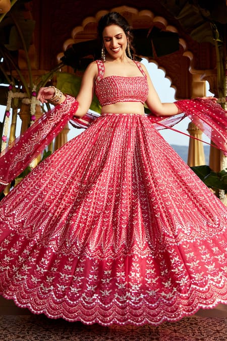Chamee And Palak_Pink Silk, Tulle Mirrors, Embroidery Square Rani Nandini Bridal Lehenga Set _at_Aza_Fashions