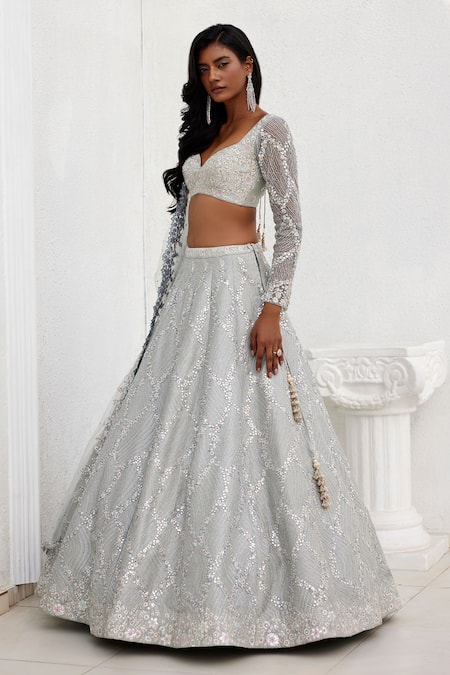 Buy_Chamee And Palak_Grey Net, Silk Mirrors, Zari Rochelle And Embroidered Bridal Lehenga Set _Online_at_Aza_Fashions