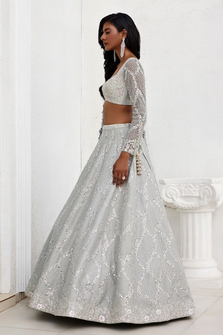 Shop_Chamee And Palak_Grey Net, Silk Mirrors, Zari Rochelle And Embroidered Bridal Lehenga Set _Online_at_Aza_Fashions