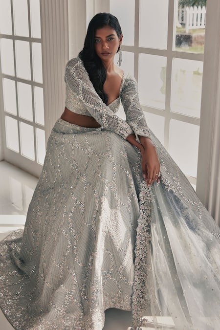 Chamee And Palak_Grey Net, Silk Mirrors, Zari Rochelle And Embroidered Bridal Lehenga Set _at_Aza_Fashions