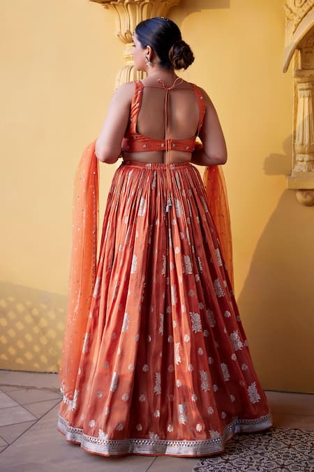 Shop Chamee And Palak Orange Silk, Net, Jacquard Beads, Zari Floral Pattern Jamewar Bridal Skirt Set at Aza Fashions Shop_Chamee And Palak_Orange Silk, Net, Jacquard Beads, Zari Floral Pattern Jamewar Bridal Skirt Set _at_Aza_Fashions