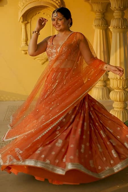 Chamee And Palak Orange Silk, Net, Jacquard Beads, Zari Floral Pattern Jamewar Bridal Skirt Set Online at Aza Fashions Chamee And Palak_Orange Silk, Net, Jacquard Beads, Zari Floral Pattern Jamewar Bridal Skirt Set _Online_at_Aza_Fashions