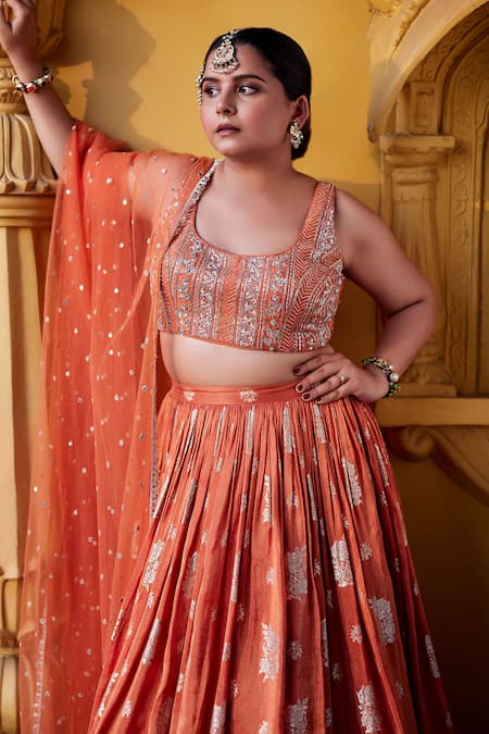 Buy Chamee And Palak Orange Silk, Net, Jacquard Beads, Zari Floral Pattern Jamewar Bridal Skirt Set Online at Aza Fashions Buy_Chamee And Palak_Orange Silk, Net, Jacquard Beads, Zari Floral Pattern Jamewar Bridal Skirt Set _Online_at_Aza_Fashions